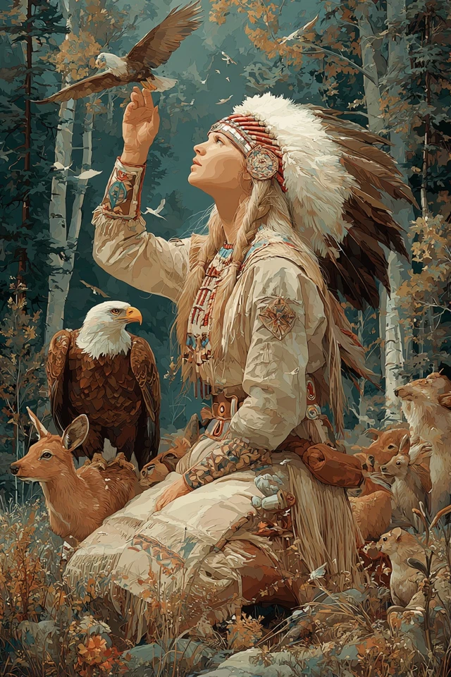 Native American Woman Eagle Headdress Forest