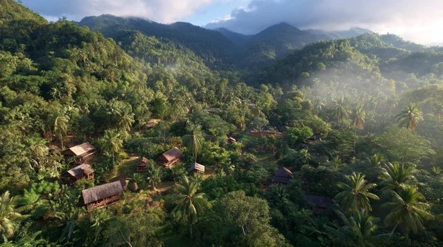 Indonesian Village Drone Shot Mountain Scenery Golden Light