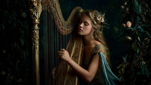 Ethereal Nymph Playing Harp Chiaroscuro Photography