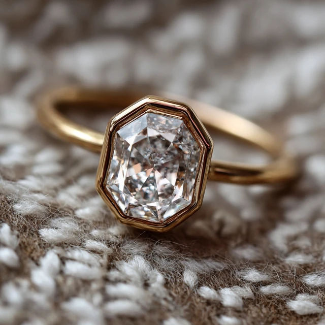 Hexagon Cut Diamond Ring in Gold Bezel Setting