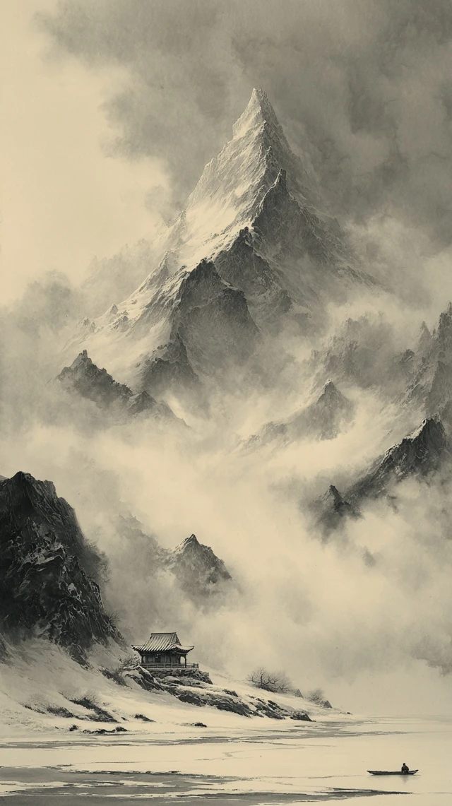 Kunlun Mountain Chinese Ink Painting Scene
