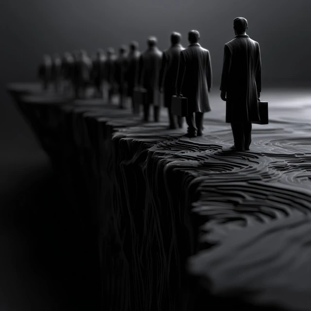 3D Sculpture of Businessmen Walking to a Cliff