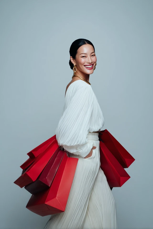 Asian Woman in White Fashion with Shopping Bags