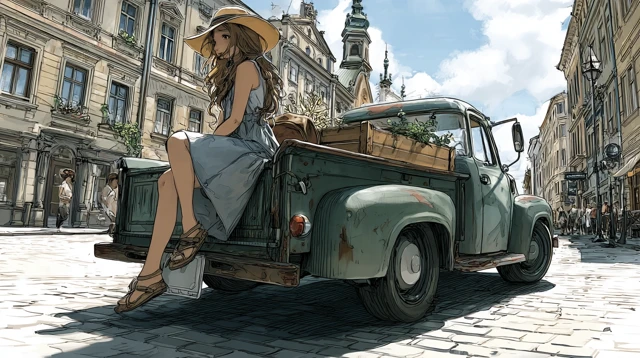 Girl in Vintage Truck Watercolor Illustration