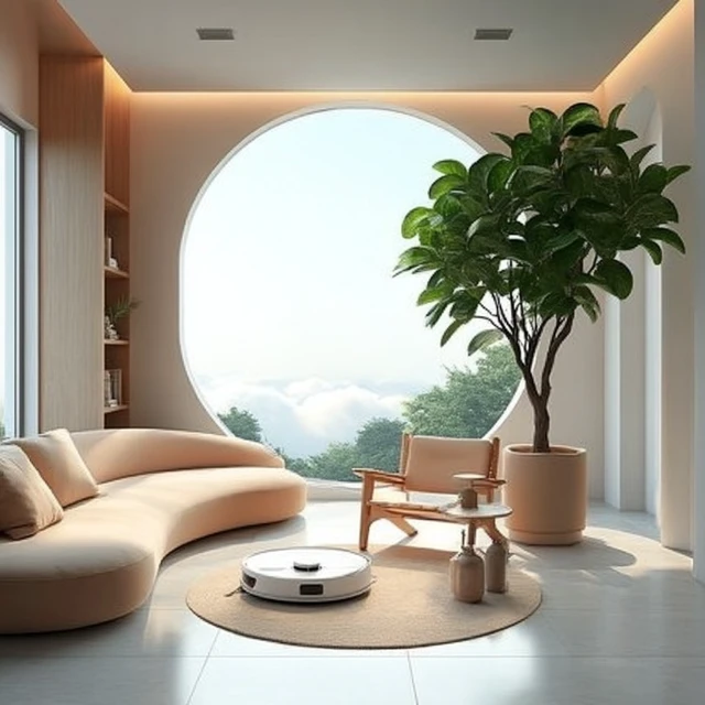Modern Minimalist Living Room 3D Render with Robotic Vacuum