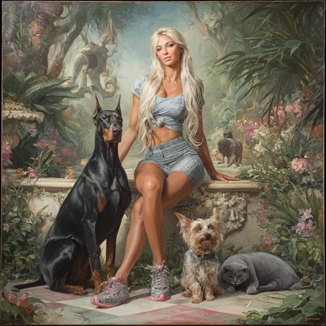Princess in Paradise Garden with Pets Painting