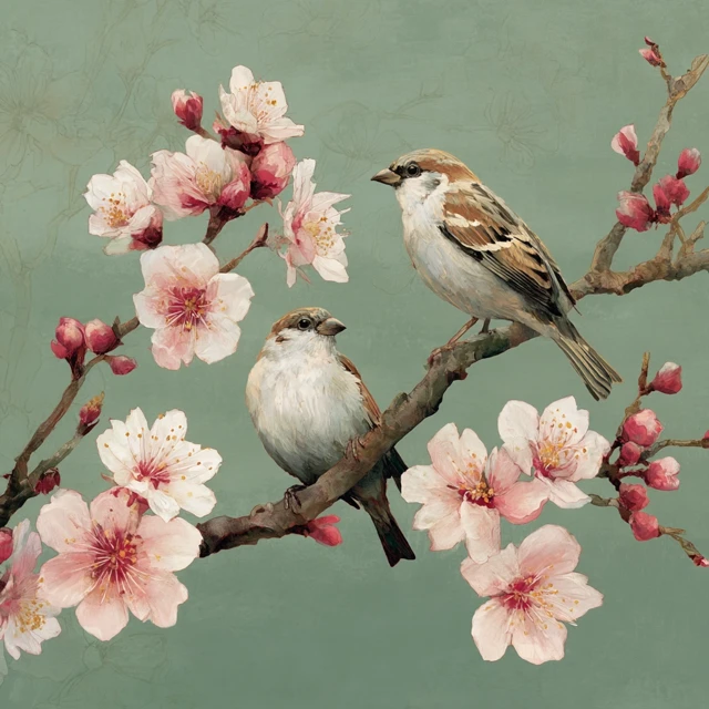 Birds and Cherry Blossoms Serene Artistic Painting