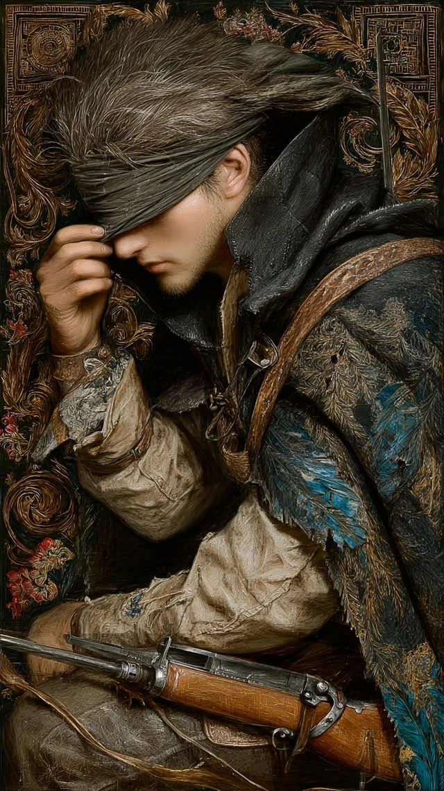 PostApocalyptic Wanderer Portrait Worn Cloak Tense
