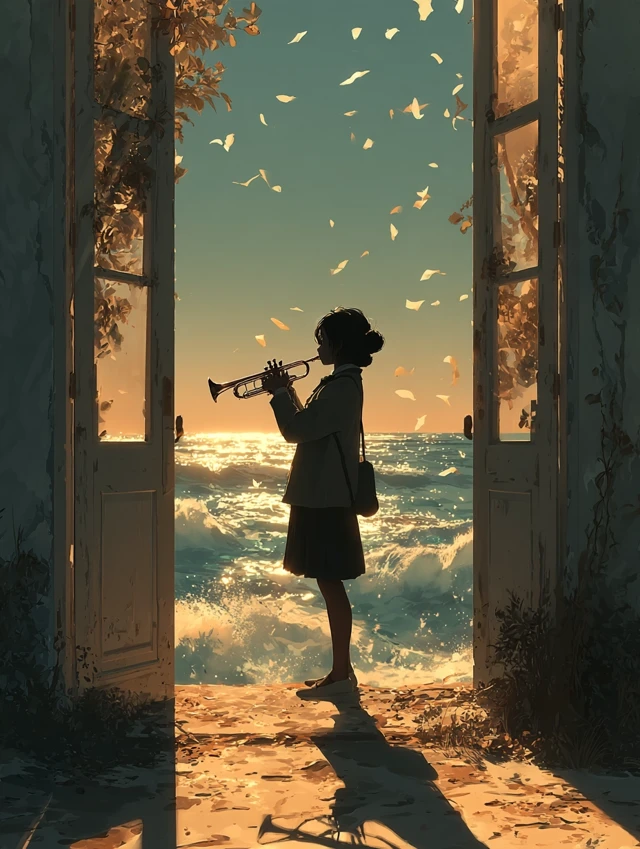 Woman Plays Trumpet at Open Door in Golden Light