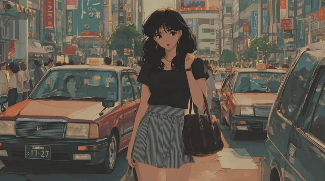 Anime Girl Walking in City 80s Style