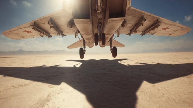 MiG 29 Fighter Jet Aerial View Desert Landscape