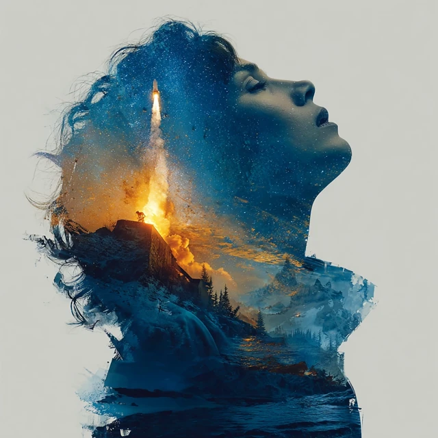 Double Exposure Space Portrait Asian Scientist