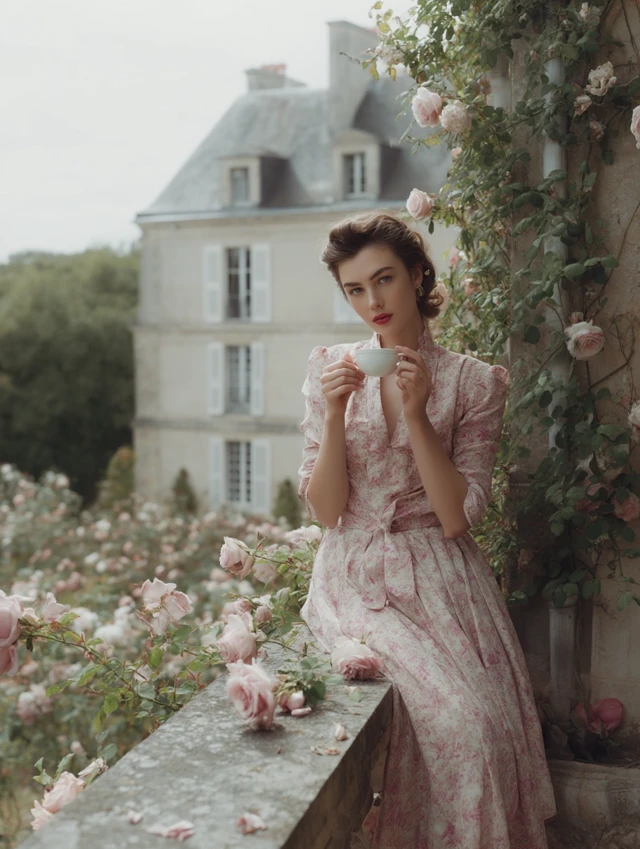 French Woman on Balcony with Coffee and Roses