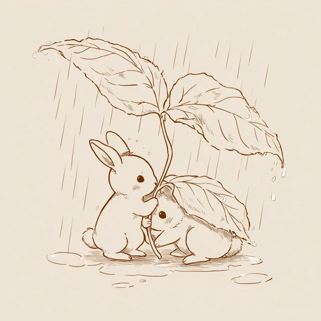 Bunny Shelter Rainy Day Illustration