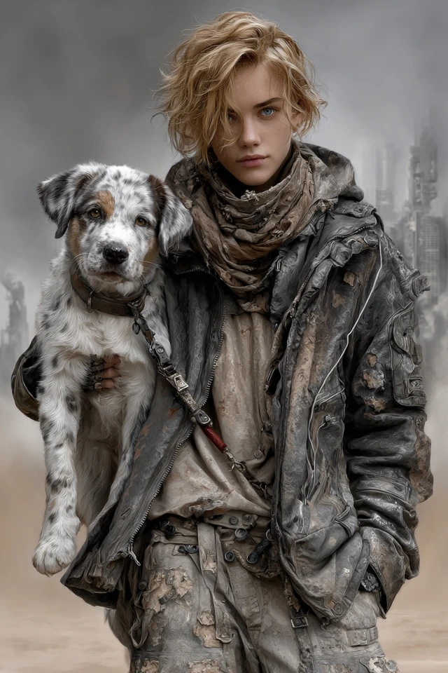 Post Apocalyptic Woman and Dog Cityscape