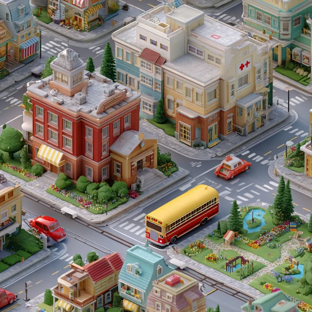 Pixar 3D Neighborhood Colorful Buildings Kid Friendly