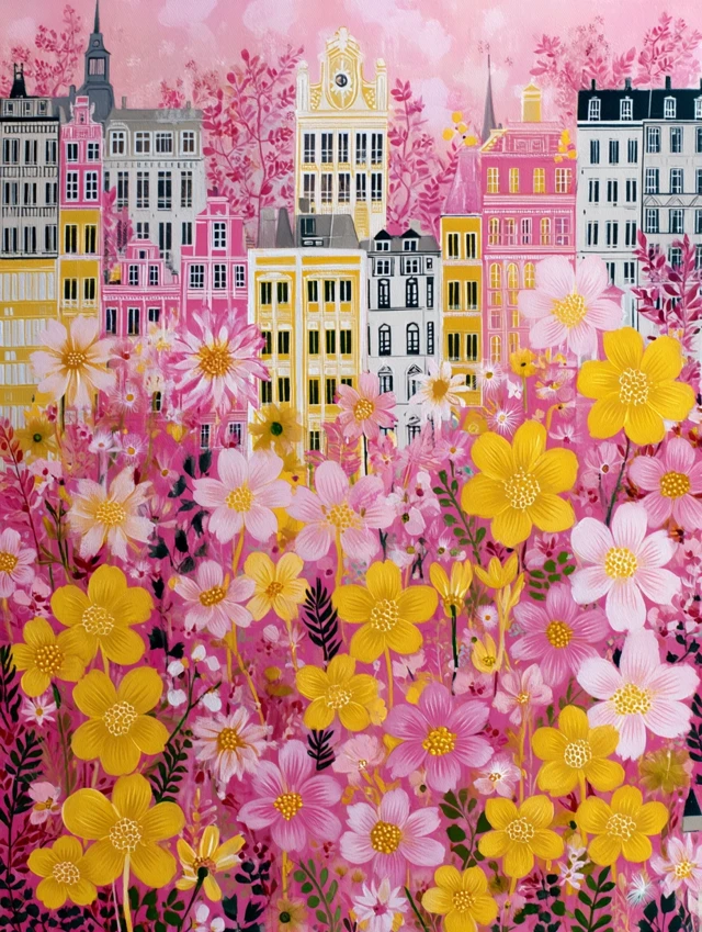 City Garden Painting: Copenhagen Buildings and Wildflowers