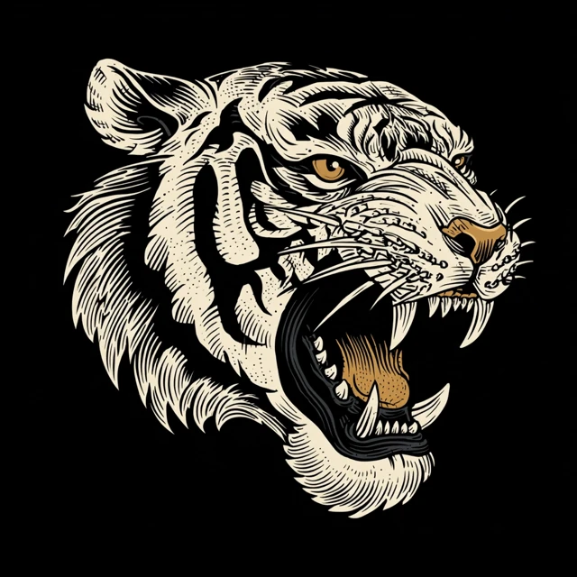Vintage Tiger Head Illustration Black and White