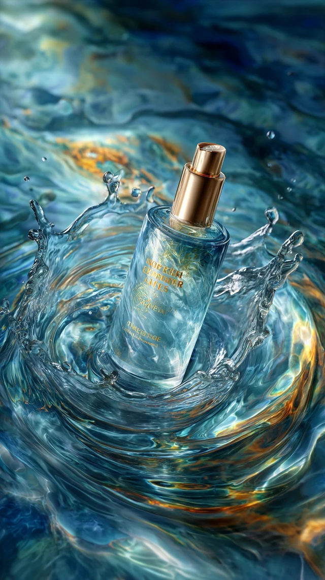 Luxury Skincare Product in Water Waves