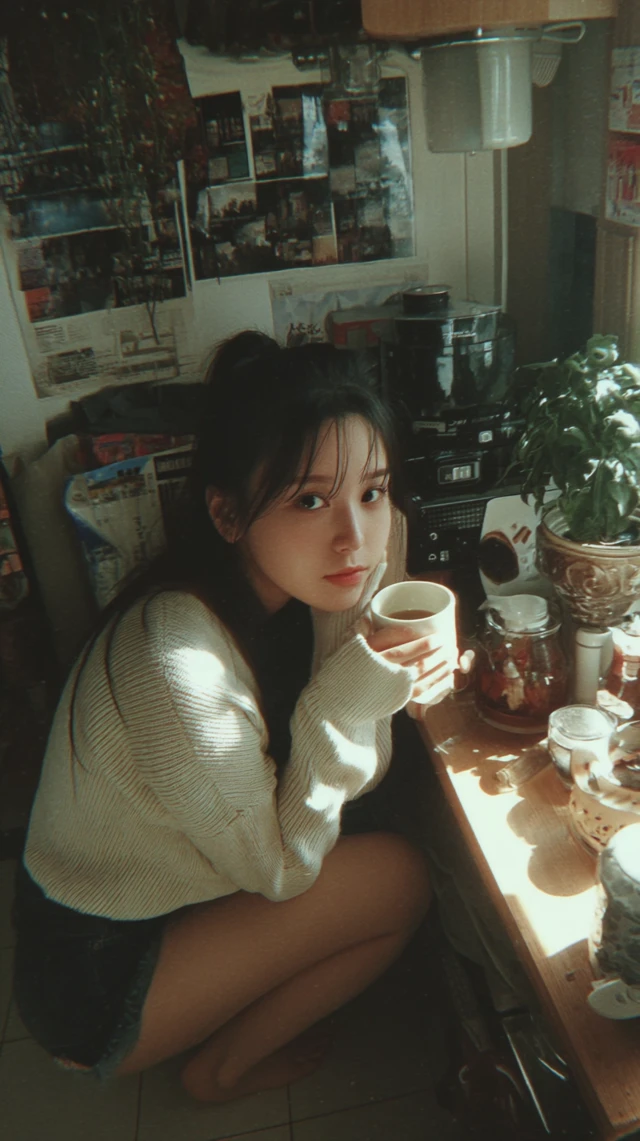 Young Woman with Coffee: Grainy, Asian, Cozy Scene