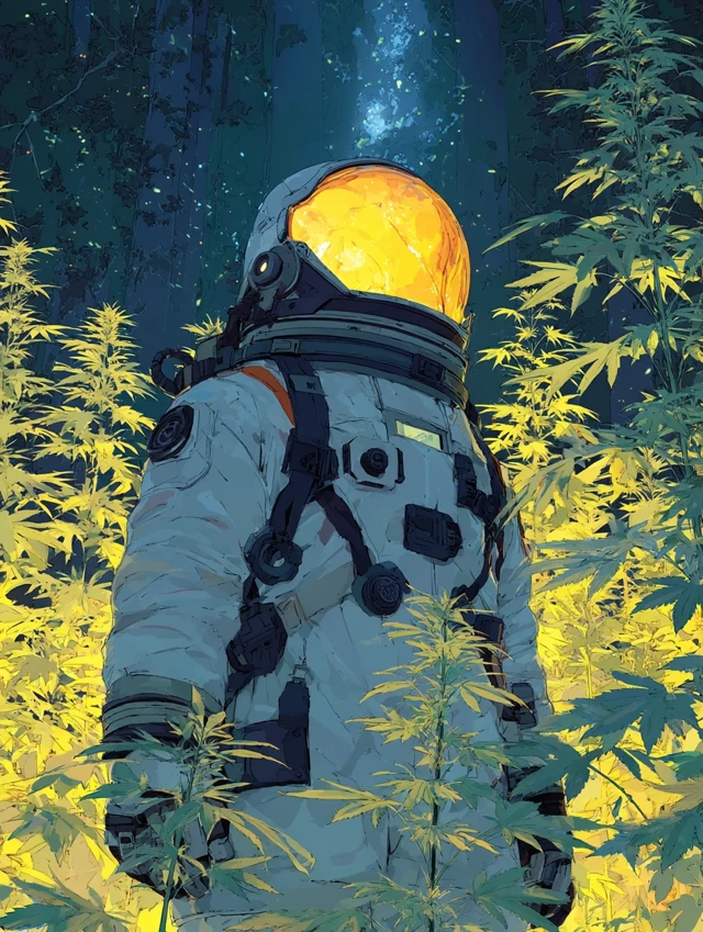 Astronaut in Space with Cannabis Plants