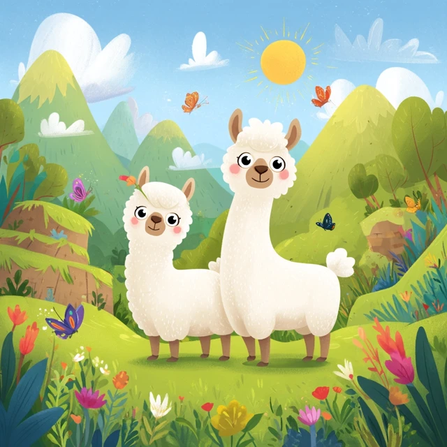 Cute Llamas in Andean Landscape Cartoon Illustration