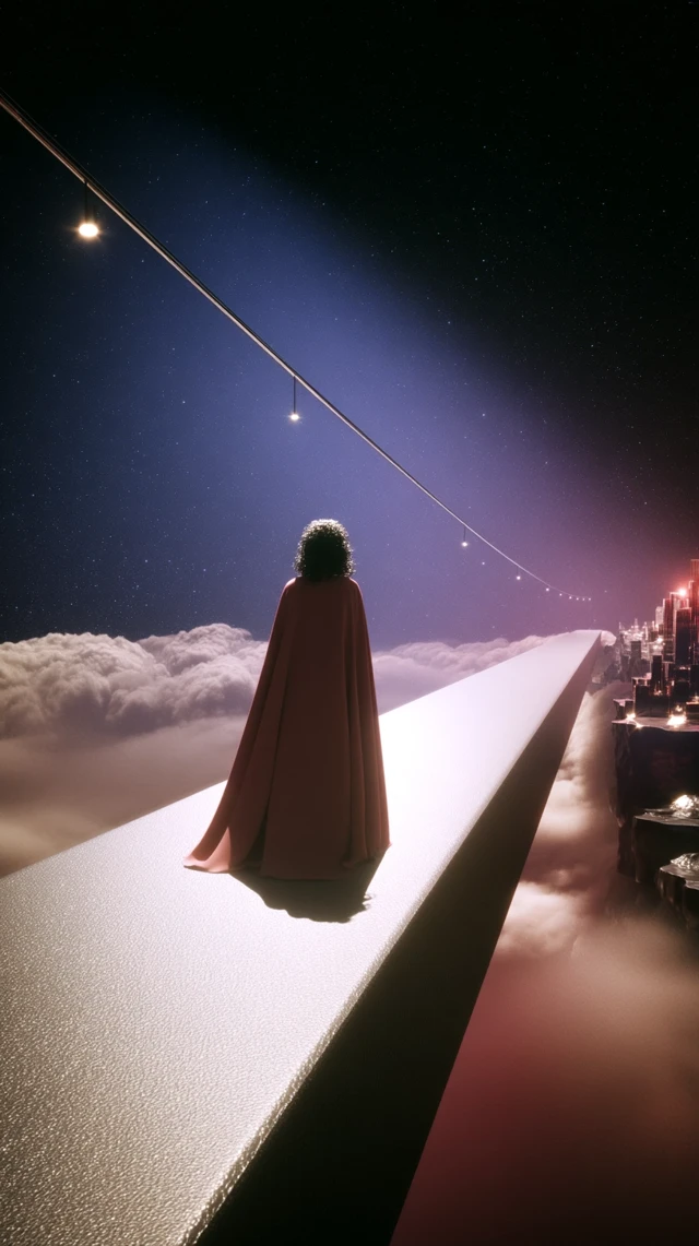 Lone Figure on a Glowing Bridge Dreamlike Fantasy