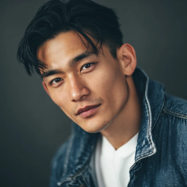 Handsome Asian Male in Denim Jacket Portrait