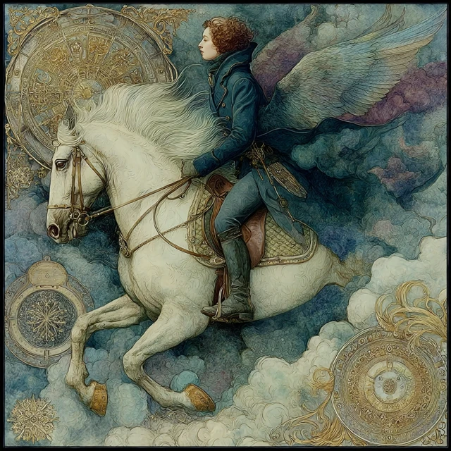 Equestrian Woman Riding Winged Horse in Klimt Style