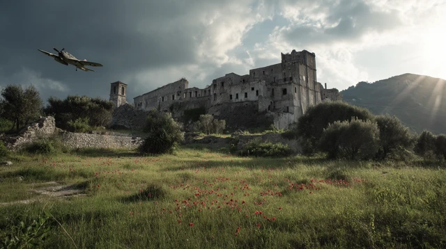 WWII Plane Over Monte Cassino Monastery Ruins