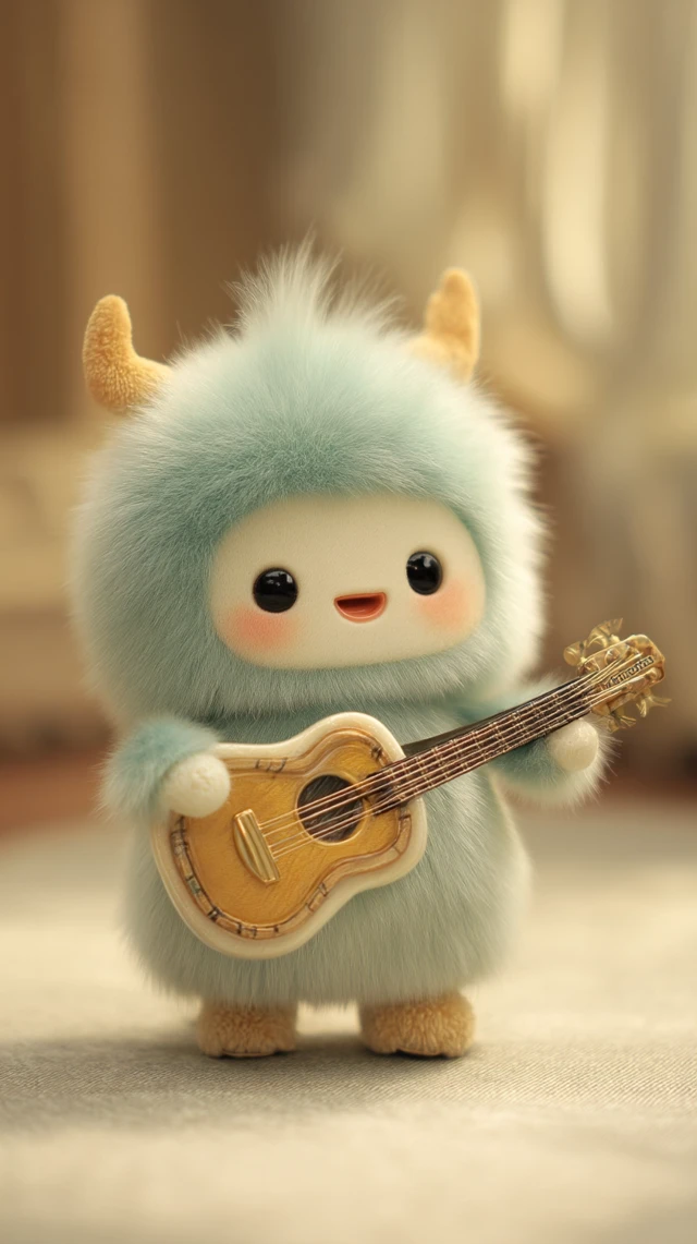 Cute Plush Labubu Monster Playing Guitar in Burberry