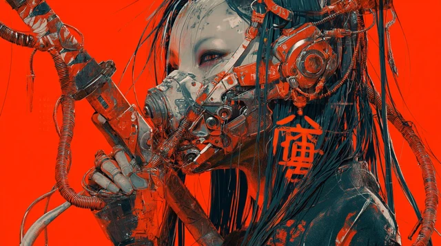 Cyberpunk Japanese Woman with Mask and Weapons