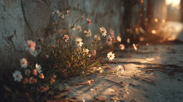 Flowers Blooming in Sunlight Concrete Wall