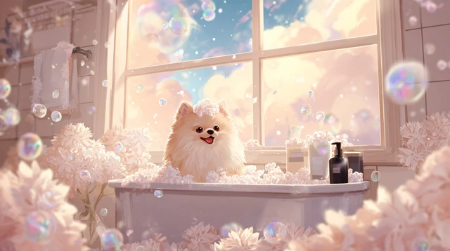 Happy Pomeranian Bath Time Cute Bathroom Scene