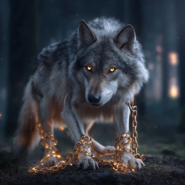 Fantasy Wolf with Glowing Eyes in Night Forest