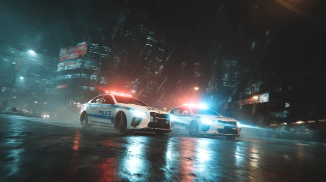 Police Cars Skidding in Future City Night