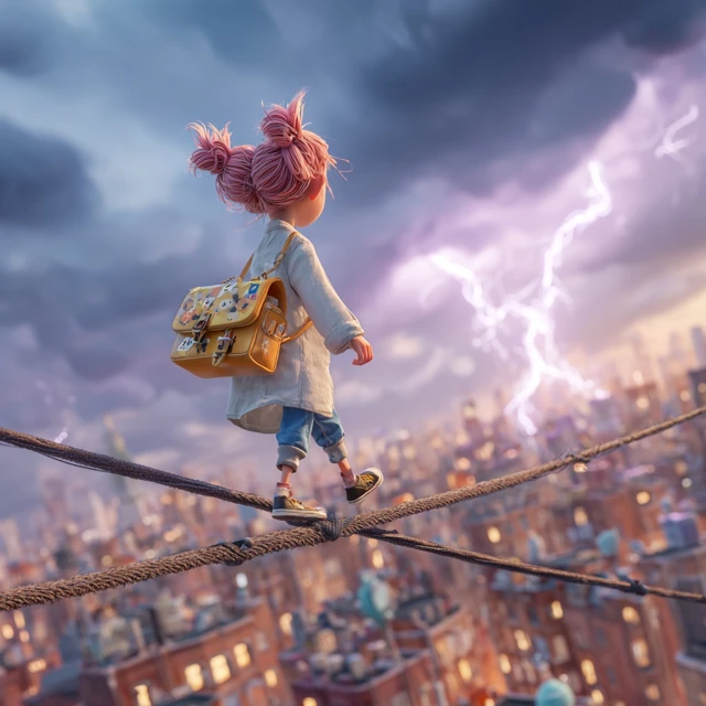 Cartoon Girl Tightrope Walking Over City