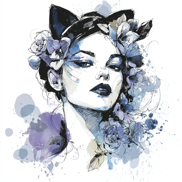 Catwoman with Flowers Sketchy Watercolor Art