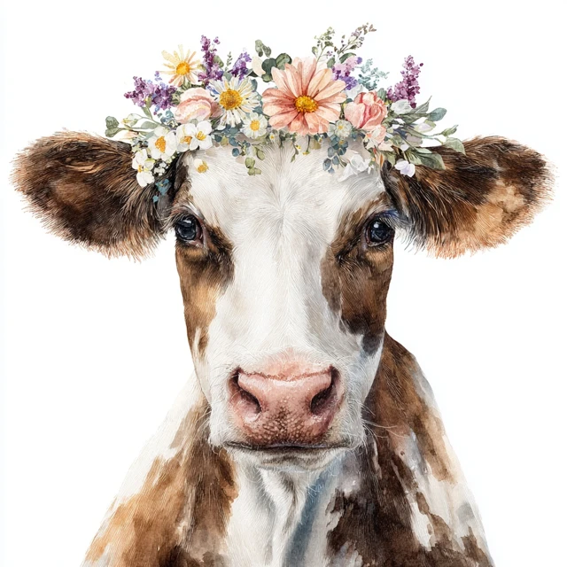 Cute Watercolor Cow with Flower Crown