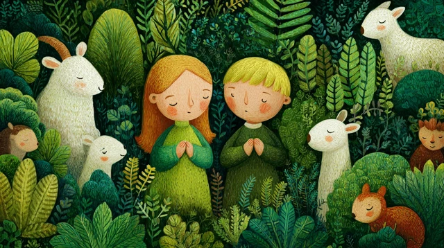 Children and Animals in a Forest Naive Art