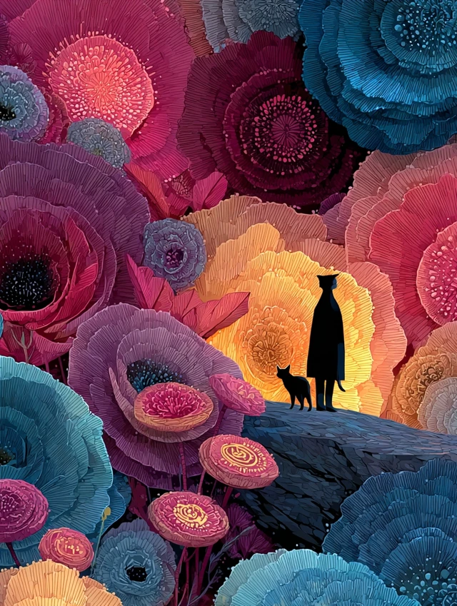 Cat in Glowing Flower Field Fantasy Art