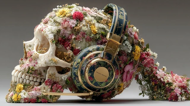 Floral Skull Head with Headphones 3D Art
