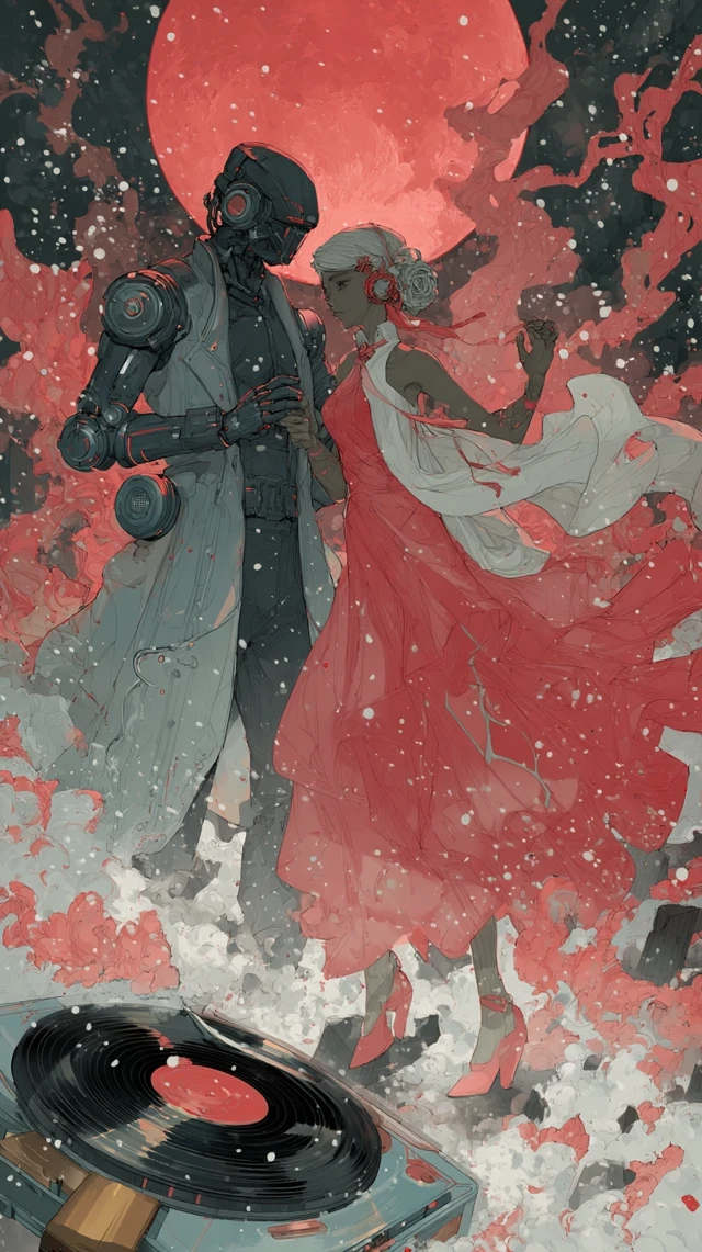 Anime Cyborg Dance in Red Moonlit Snow