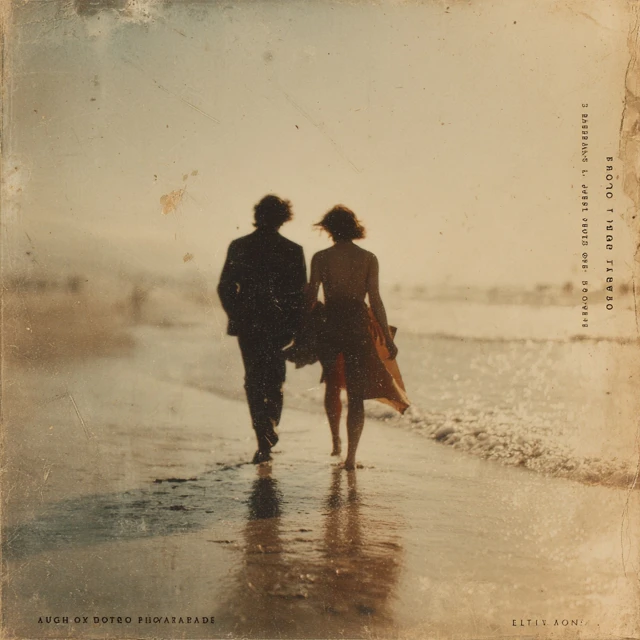 Couple Walking on Beach Vintage Polaroid Sunset