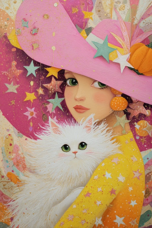 Whimsical Woman and Cat with Pink Hat Illustration