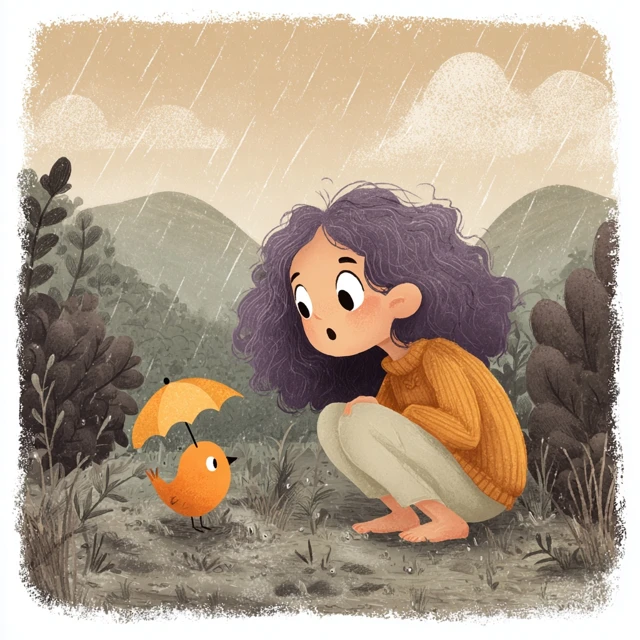 Magical Rainy Day Illustration Bird Girl