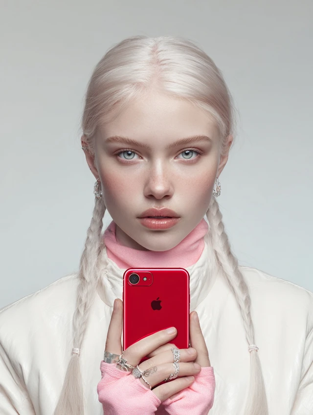 Beauty Model Holding Red iPhone Photorealistic