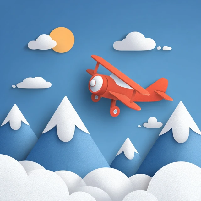 Cartoon Airplane Flying Above Snowy Mountains