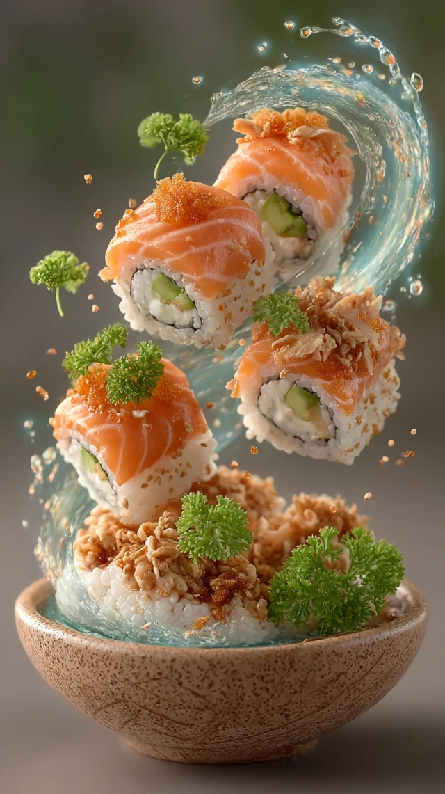 Delicious Sushi Rolls Floating Photography