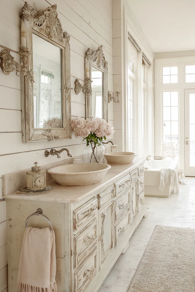 Vintage Bathroom Decor Shiplap Walls and Antique Vanity